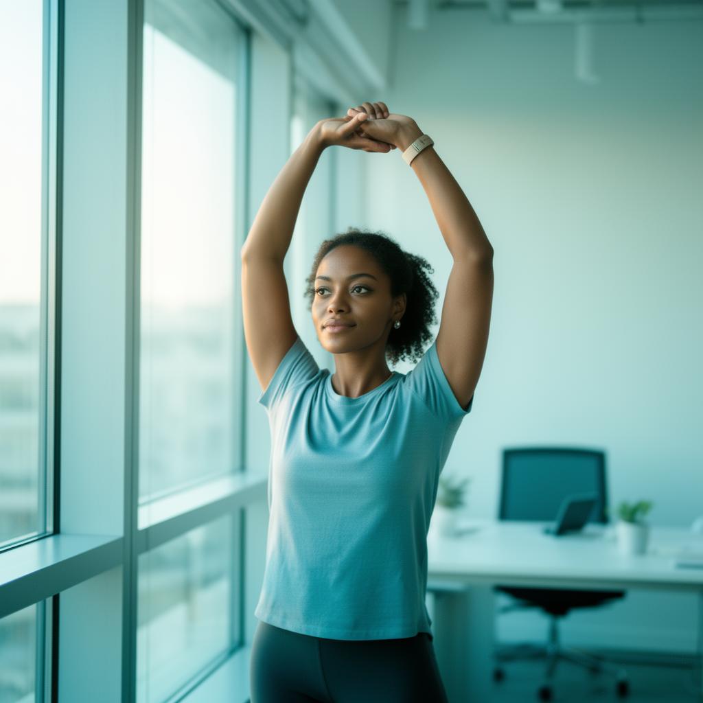 Employee doing a calm wellbeing stretch in a sunlit modern office